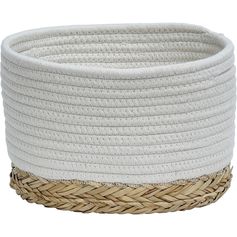 Panier ovale bi-matière roseau tressé et coton blanc 25x16x20cm