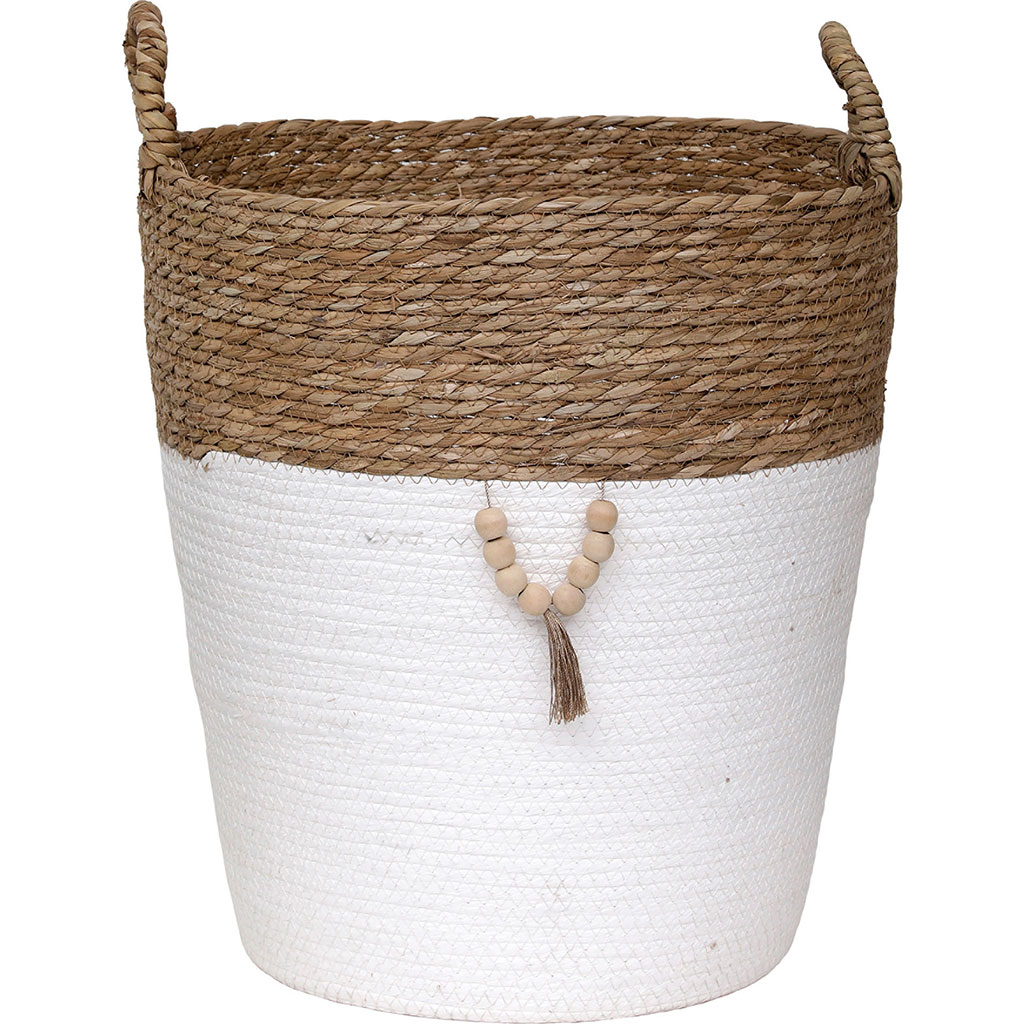 Panier à linge avec anses roseau tressé et coton blanc D 33.5x45cm