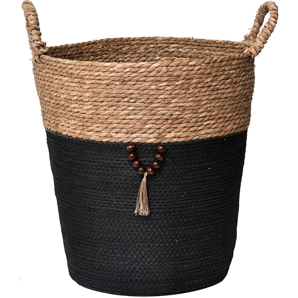 Panier à linge avec anses roseau tressé et coton noir D 37x50cm - Centrakor